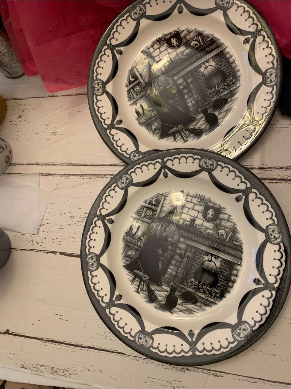 2-Royal Stafford UK Black and White Decorative Witch Fireplace1 0.75” Plates